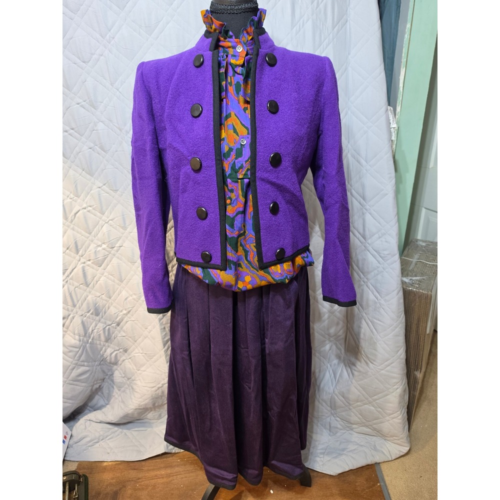 Saint Laurent Rive‎ Gauche Vintage 3pc Set Purple Wool Jacket Blouse Skirt 36